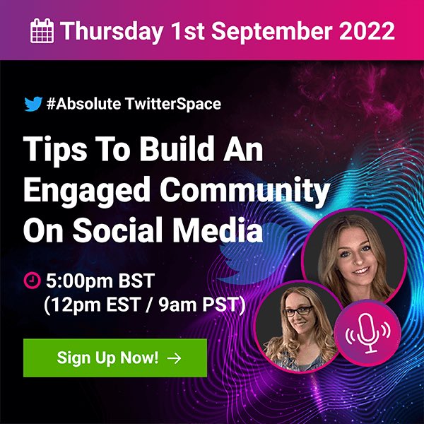 AbsoluteDMedia's tweet photo. Our next #AbsoluteTwitterSpace is just around the corner! 🤩
Tune in on 1st September to hear @jasminesmck and @DianaRich013 discuss Tips To Build An Engaged Community On Social Media including:
👉 What an online community is
👉 The impact of one
1/2 https://t.co/K6wCF2sUzo