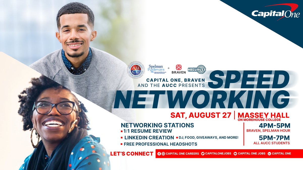HBCUBuzz's tweet photo. Join @capitalonejobs Speed Networking event on 8/27! There will be free headshots, LinkedIn & Resume Review, and networking with professionals. Did we forget to mention the DJ, Food and Giveaways 👀? Retweet if you want to level up!
https://t.co/GWPOLWMEK0… #lifeatcapitalone https://t.co/UJFjS4B09X