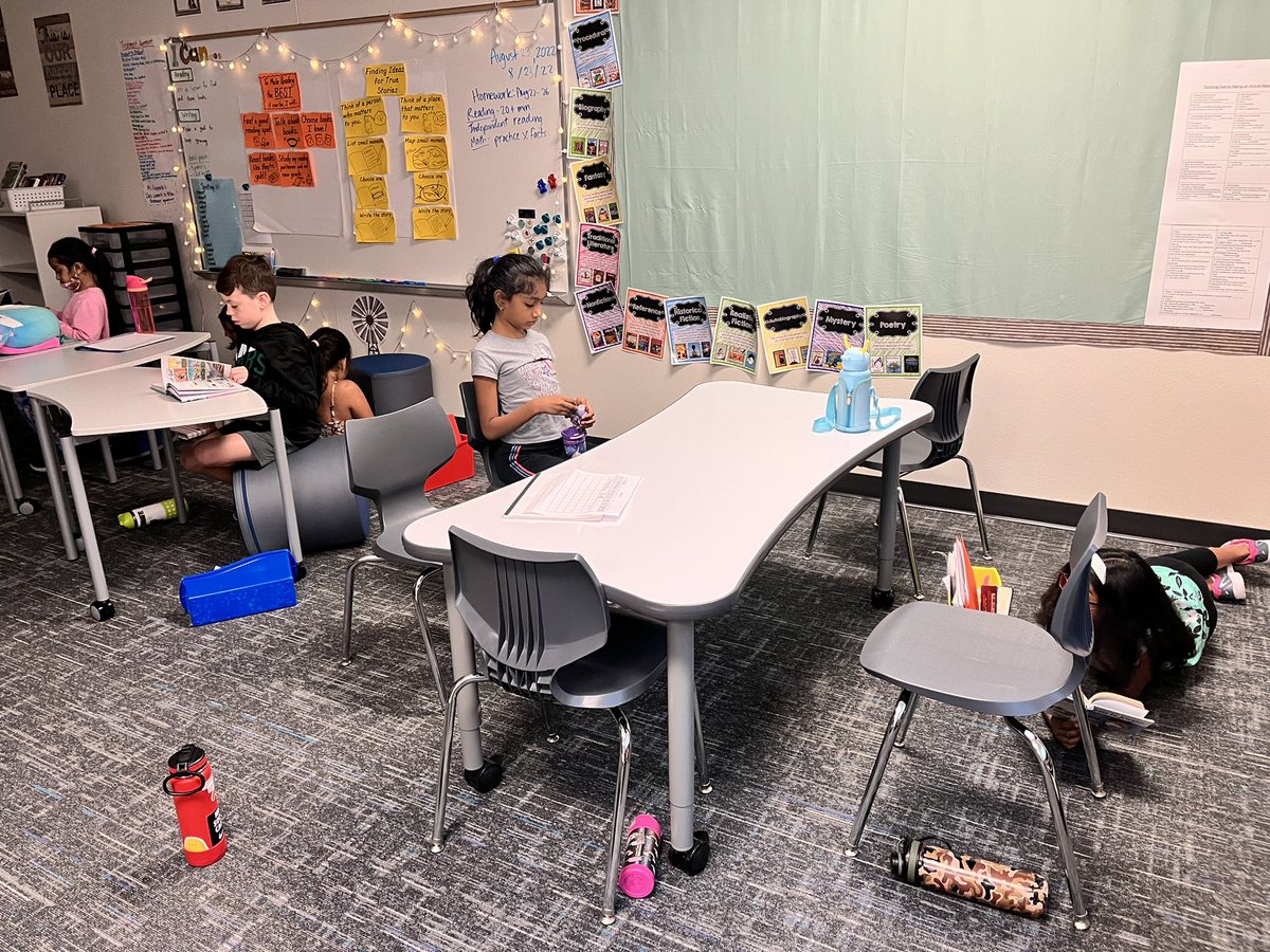 MsGispanski's tweet photo. Reading Workshop is underway!! Students have found their reading spot (thank you FISD for the flexible seating), engaged in their books and working on their goals! @AshleyElem @KFrankson3 @KascieBtheAP @JenRenfro2 @ci_elem https://t.co/P99trAA8es