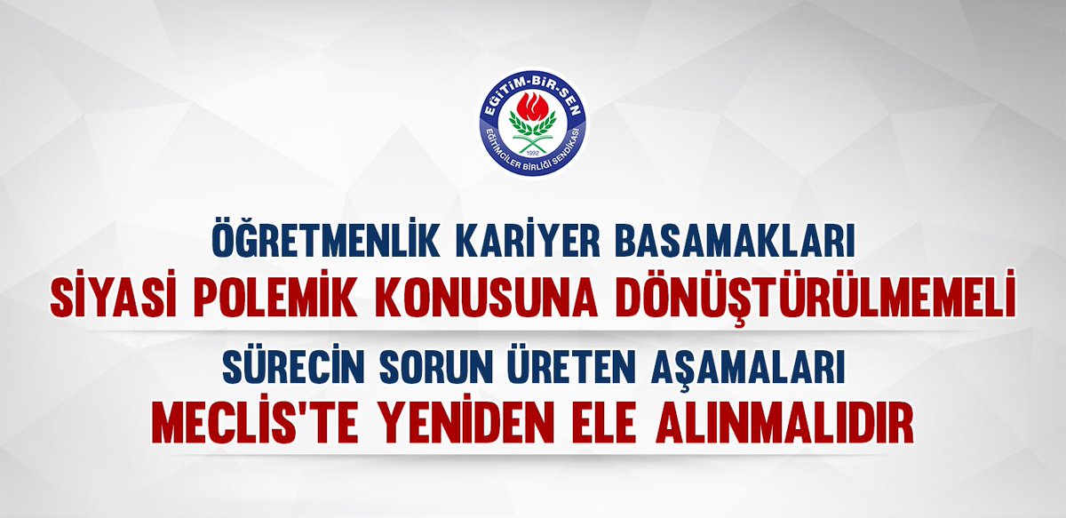 Öğretmenlik kariyer basamakları siyasi polemik konusuna dönüştürülmemeli, sürecin sorun üreten aşamaları sağlıklı bir zeminde Meclis’te yeniden ele alınmalıdır.

▫️ebs.org.tr/manset/5667/og…