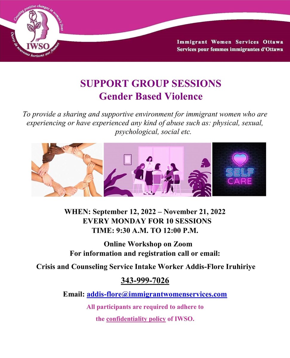 ImmigrantWomen's tweet photo. Beginning Sept. 12th, IWSO is hosting Support Group Sessions for women experiencing Gender Based Violence. Contact Addis to register.
#ViolenceAgainstWomen #immigrationsservices #feminism #domesticviolence #YouAreNotAlone #UnsafeatHomeOttawa #WeAreHereForYou #ottnews #ottcity https://t.co/I3RkraLRtx