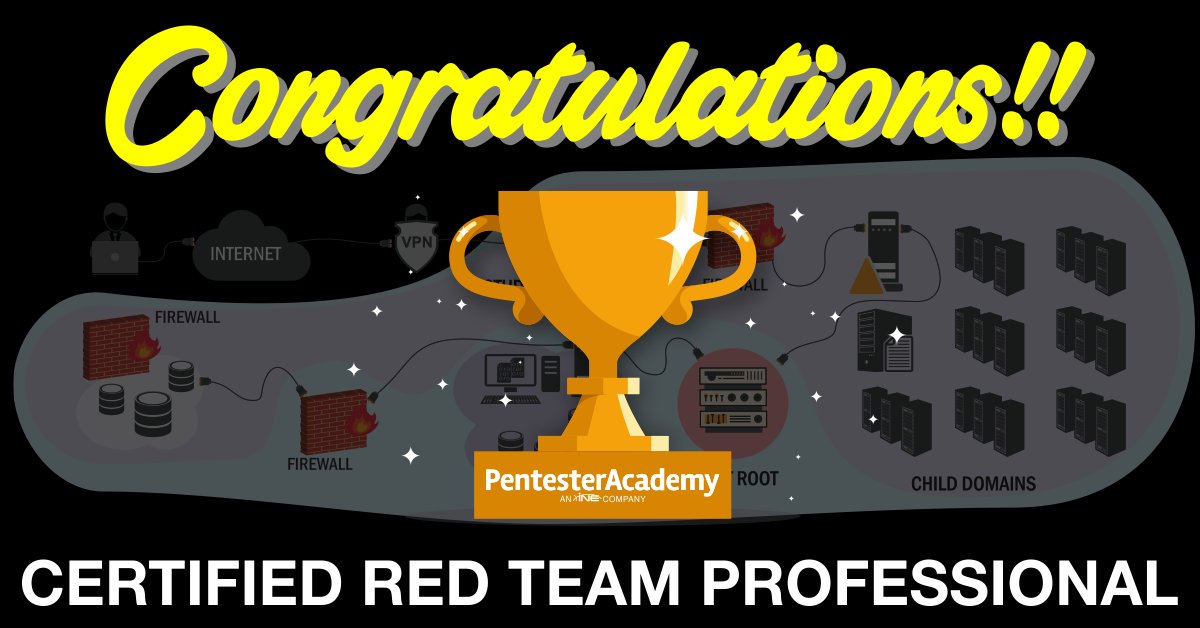 SecurityTube's tweet photo. Congratulations to @Jacksonkv22 for clearing our Certified Red Team Professional exam! #ADLab #CRTP #PentesterAcademy cc @nikhil_mitt https://t.co/gUx9gbXHsq https://t.co/wAbunN9v5n