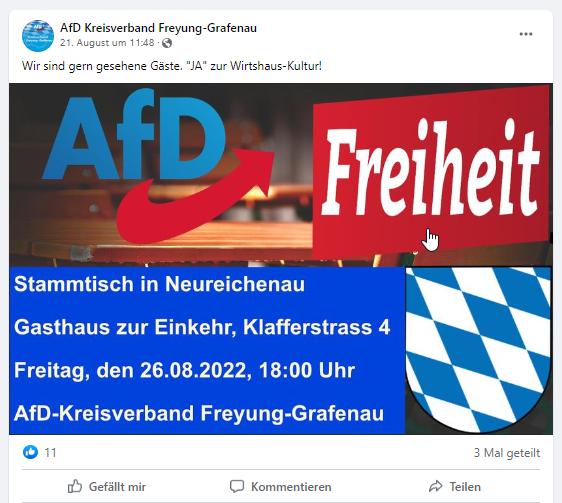 Infoticker_PA's tweet photo. Die Trümmertruppe der #AfD #Freyung-#Grafenau veranstaltet am Freitag (26.08.22) einen Stammtisch in #Neureichenau https://t.co/7QWrhPflaX