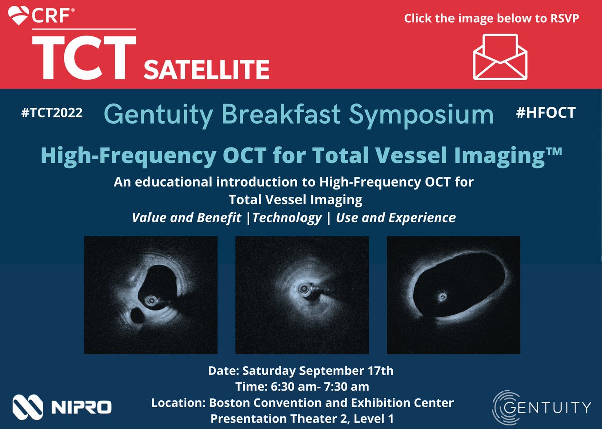 gentuity's tweet photo. Join us at #TCT2022 for a satellite Breakfast Symposium introducing High-Frequency OCT for Total Vessel Imaging™ . Head to https://t.co/DZkbHbPbKE to RSVP. We hope to see you there!

#TCT2022 #HFOCT #boston #interventionalcardiology #imaging #event https://t.co/AG8xthOo69