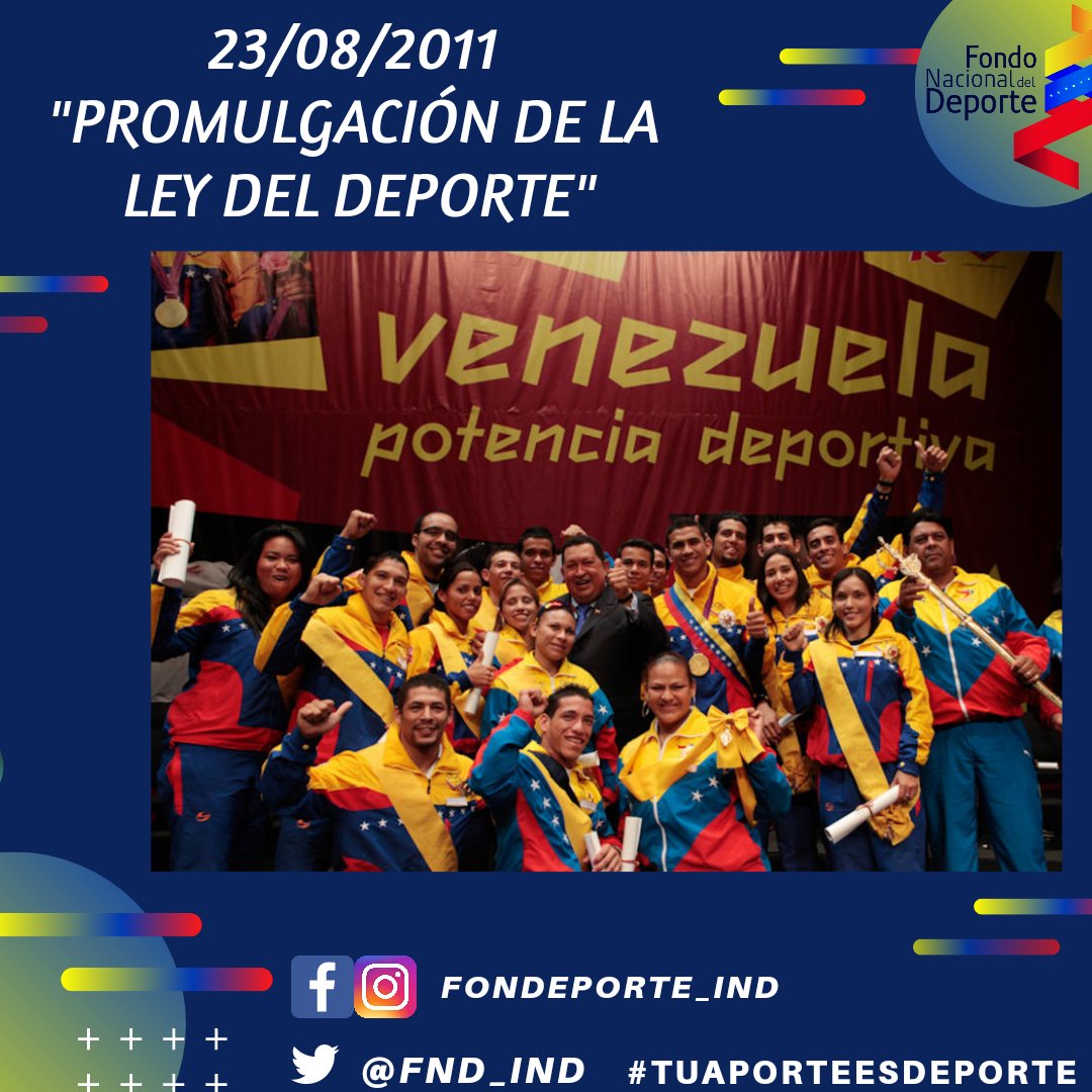 #Venezuela #deporte

💛💙❤️🇻🇪💛💙❤️

Hoy se cumplen 11 años de la promulgación de la Ley del Deporte. 

El 23 de Agosto del 2011, nuestro Comandante Hugo Rafael Chávez Frías, Anunció la Ley del Deporte, Actividad Física y Educación Física.

instagram.com/p/Chmupm0Ok-S/…