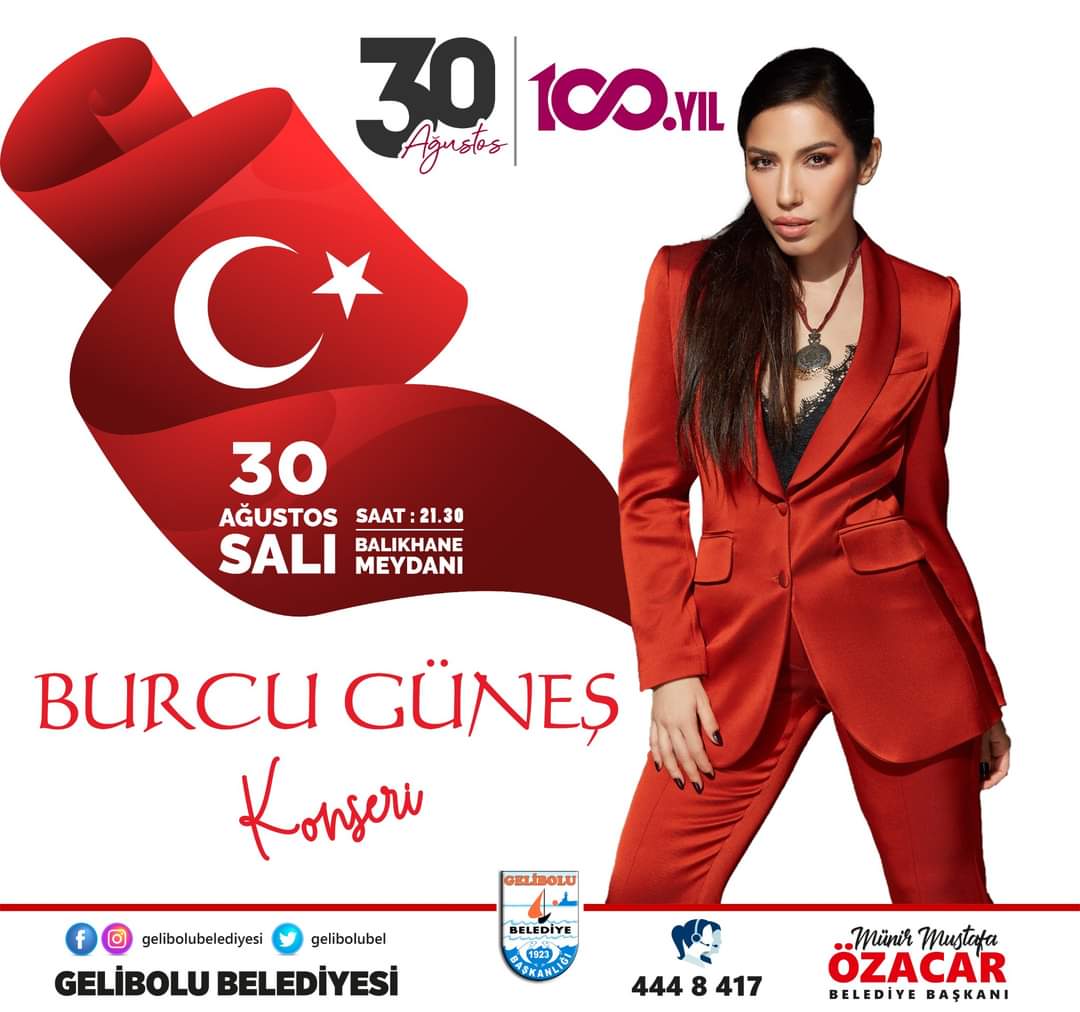 Büyük Taarruzun 100. yıldönümünde; #Gelibolu’da bayram coşkusunu Türk pop müziğinin ünlü sanatçılarından <a href="/burcugunes/">Burcu Güneş</a> konseri ile taçlandırıp, finalde keyifli bir müzik ziyafeti yaşayacağız.
#Gelibolu #Konser #30Ağustos #ZaferBayramı 🇹🇷