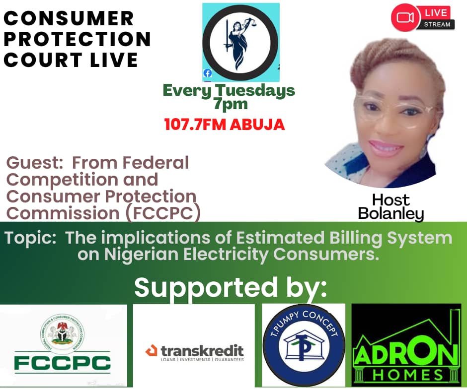 ConsumerPCR's tweet photo. 7pm tonight a representative from FCCPC will be joining us live as we dicuss THE IMPLICATIONS OF ESTIMATED BILLING SYSTEM ON NIGERIAN ELECTRICITY CONSUMERS. 
Follow us on Facebook @Consumerprotectioncourt @fccpcnigeria  @Transkredit @cenbank @nitda https://t.co/tKZRCirChG