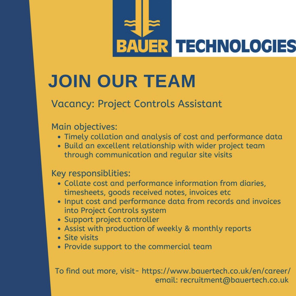 BauerTechJobs's tweet photo. JOIN OUR TEAM...
We are currently recruiting for a Project Controls Assistant, to join our busy and expanding team!
For information on how to apply, visit: https://t.co/iybI0rHSVz
#vacancy #joinourteam #workwithus #passionforprogress #expansion #inclusionanddiversity https://t.co/Y4YXUiCjEX