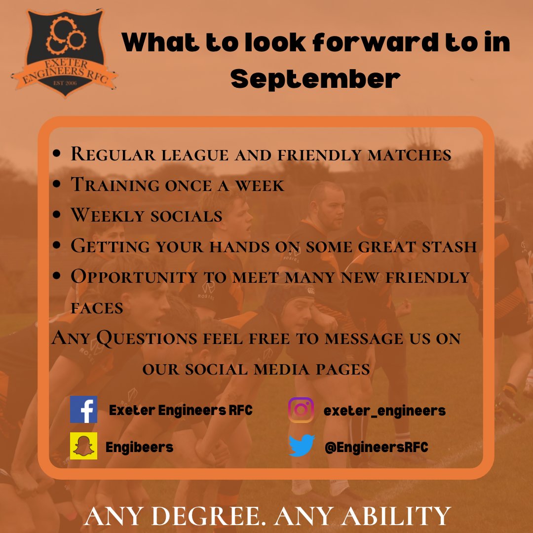 And we are back!!!!
Hope you all are having a great summer. 
With most people’s university choices finalised we are excited to welcome new freshers this September to put on the orange and black jersey and join one of the best social rugby clubs at Exeter university.