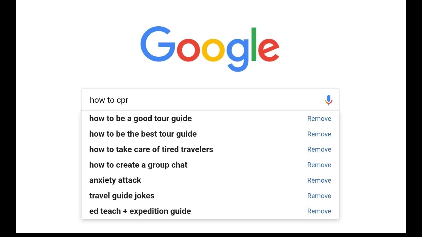 Screenshots of Google searches + web pages about how to be a good guide, good ideas for jokes, how to “CPR,” and looking up Ed Teach, etc.