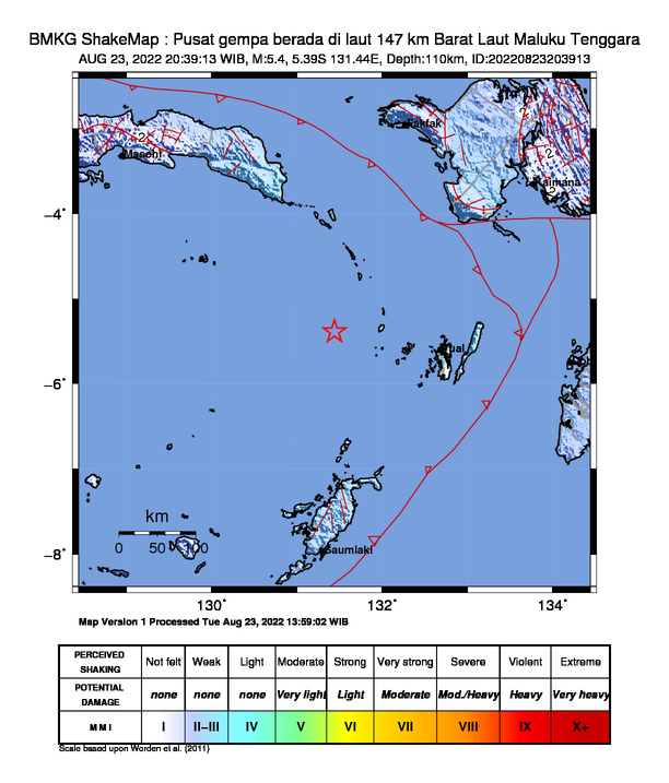 infoBMKG's tweet photo. #Gempa Mag:5.4, 23-Agu-22 20:39:13 WIB, Lok:5.39 LS, 131.44 BT (Pusat gempa berada di laut 147 km Barat Laut Maluku Tenggara), Kedlmn:110 Km Dirasakan (MMI) III Tual, II Banda #BMKG https://t.co/gMrlHpLke4