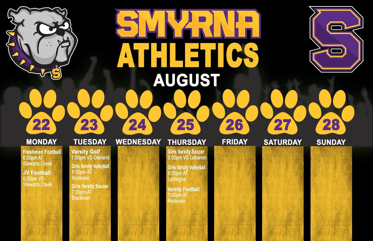 SHS-DigitalArts (@shs_digitalarts) on Twitter photo New Sports Week at a Glance 8/22 #onlyoneshs <a href="/SmyrnaBulldog/">Smyrna Bulldog</a> <a href="/smyrnaathletics/">Smyrna Athletics</a> <a href="/SHS_CTE/">Smyrna High CTE</a> New Sports Week at a Glance 8/22 #onlyoneshs <a href="/SmyrnaBulldog/">Smyrna Bulldog</a> <a href="/smyrnaathletics/">Smyrna Athletics</a> <a href="/SHS_CTE/">Smyrna High CTE</a>