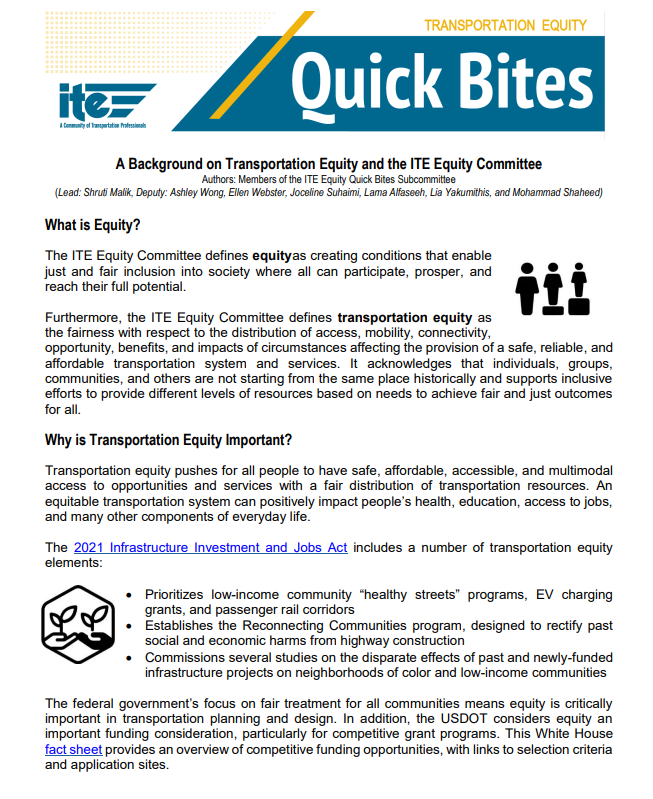 ITEhq's tweet photo. New! The ITE Transportation Equity Committee recently released an #ITEQuickBite providing a background on the importance of #transportation #equity. Read more here: https://t.co/GOaDpWy5GH @a2reyrod @cleong_hawaii @AlyssaRyanPhD https://t.co/gzbxzt5Ooh