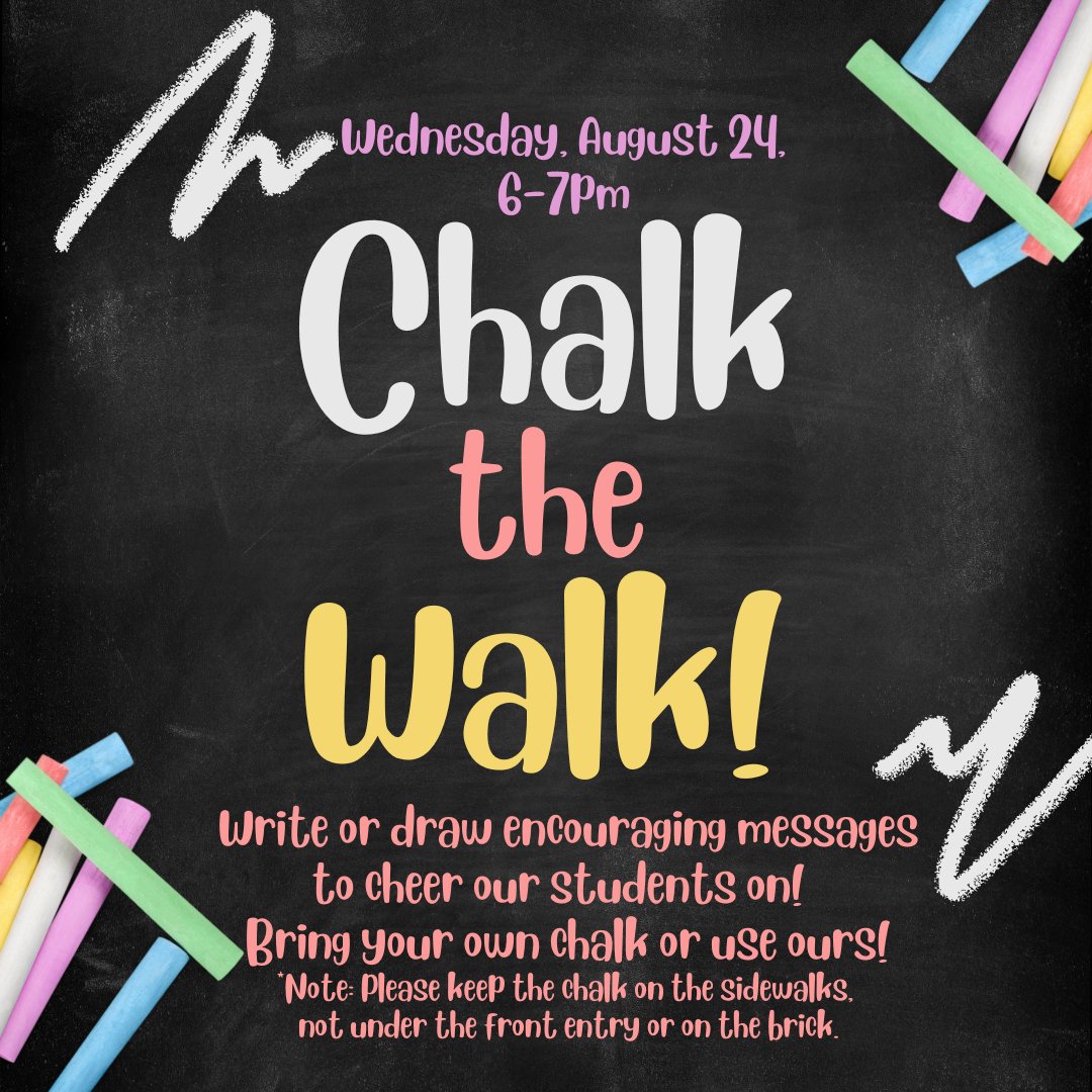 Don't forget to stop by the School this Wednesday at 6pm to help 'Chalk the Walk' before the first day of school! There will be chalk available for families to use by the main doors; or, feel free to bring your own! #LRElem @LittleRiverLCPS