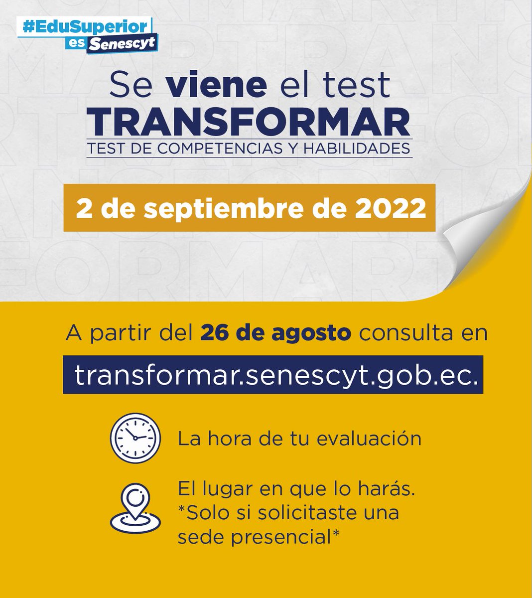 EduSuperiorEc's tweet photo. ¡Recuerda!

👉 El test Transformar es 100 % en línea. 💻

👉 Si no cuentas con internet o un equipo tecnológico para rendirlo en tu domicilio, la Senescyt te asignará una sede para que lo realices de forma presencial. ✍️🧾

👉 La evaluación está compuesta de 160 preguntas. https://t.co/df4AB2PmCx