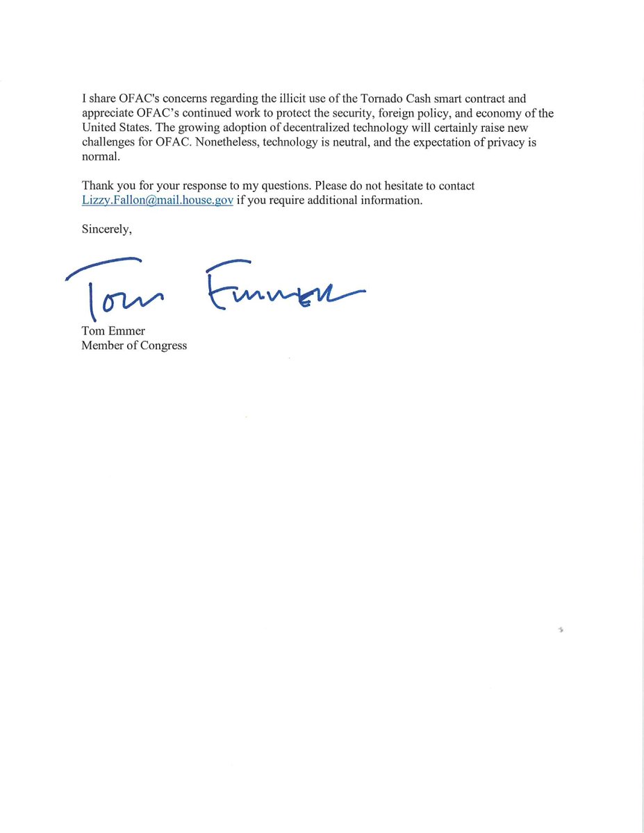 I sent a letter to Treasury Secretary Yellen regarding the unprecedented sanctioning of Tornado Cash. The growing adoption of decentralized technology will certainly raise new challenges for OFAC. Nonetheless, technology is neutral and the expectation of privacy is normal.⬇️