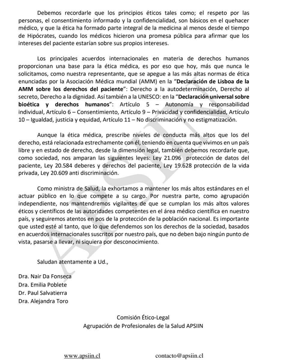 Les compartimos carta de <a href="/APSIINCHILE/">APSIINCHILE</a> a la Ministra <a href="/begoyarza/">Begoña Yarza Sáez</a> <a href="/ministeriosalud/">Ministerio de Salud</a> por sus dichos del 18 de agosto sobre las personas que no están inoculadas #Chaopase