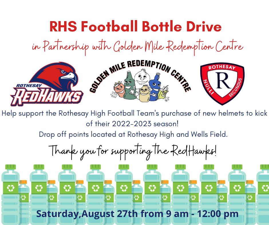 ♻️It’s bottle drive time! The first bottle drive will help the Football Team pay for their brand new helmets. Hope to see you and your recyclables on Saturday! #Community