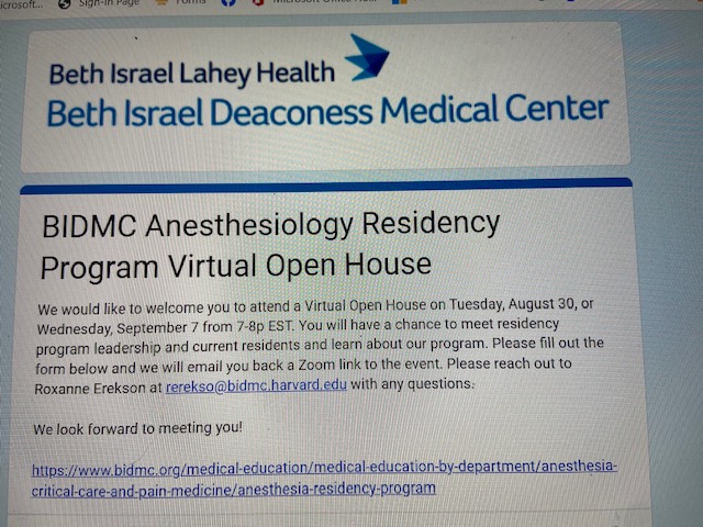 BIDMC Anesthesia, Critical Care and Pain Medicine (@bidmcanesthesia) on Twitter photo #AnesthesiaResidency candidates are invited to <a href="/BIDMCAnesthesia/">BIDMC Anesthesia, Critical Care and Pain Medicine</a> Residency Virtual Open House Aug 30 & Sept 7, 7-8 PM EST to learn about our fantastic program, meet faculty, residents, ask questions! #anesthesiatraining
Us this link to register: docs.google.com/forms/d/e/1FAI… #AnesthesiaResidency candidates are invited to <a href="/BIDMCAnesthesia/">BIDMC Anesthesia, Critical Care and Pain Medicine</a> Residency Virtual Open House Aug 30 & Sept 7, 7-8 PM EST to learn about our fantastic program, meet faculty, residents, ask questions! #anesthesiatraining
Us this link to register: docs.google.com/forms/d/e/1FAI…