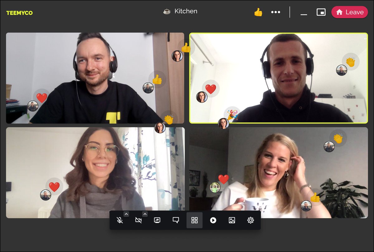 #TuesdayTips Need a break? Let’s grab coffee! ☕️

Teemyco features a Kitchen space where you can hop in and have a chat with your colleagues! 

Entering the Kitchen notifies your teammates 🔔

We’ll leave it up to you and your team to decide how and when you want to hang out! 🥳