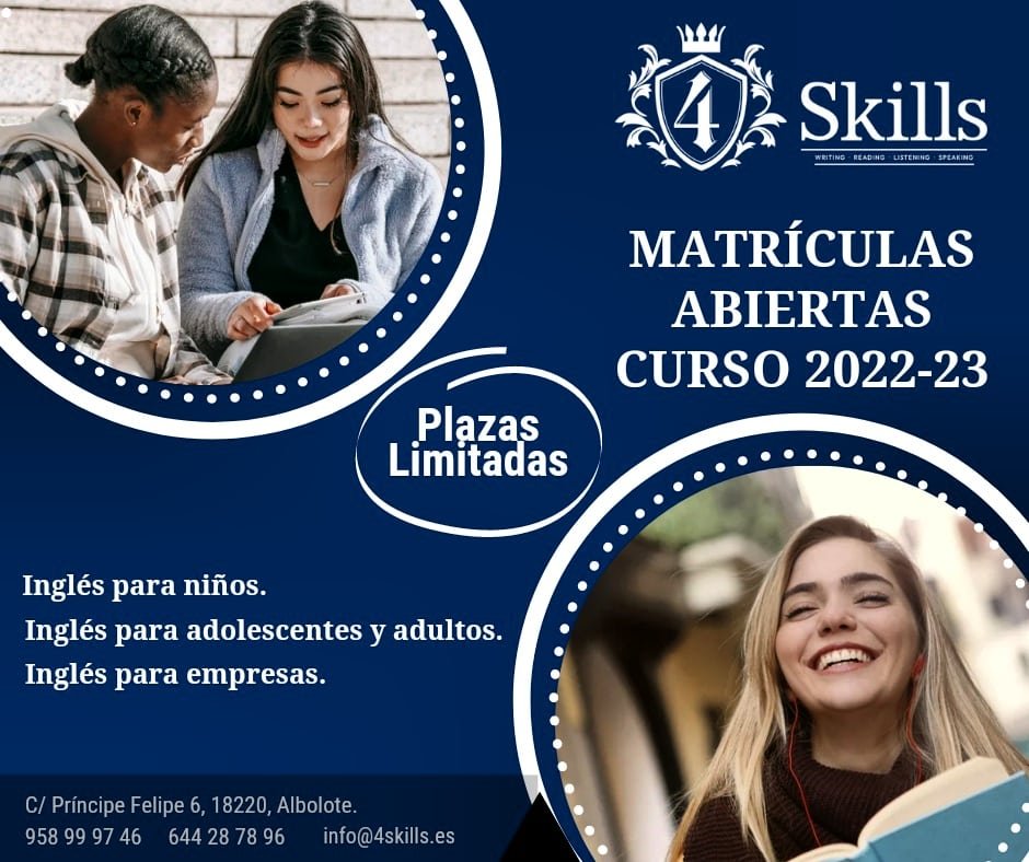4Skills's tweet photo. ¿Estás pensando en el próximo curso? Desde el 29 de Agosto ya puedes matricularte en nuestro centro.

4 SKILLS comienza el curso en un nuevo espacio para ofreceros unas instalaciones innovadoras.
¡No te quedes sin tu plaza!

Para más información:
 info@4skills.es / 958 99 97 46 https://t.co/Hyv2rRaVAM