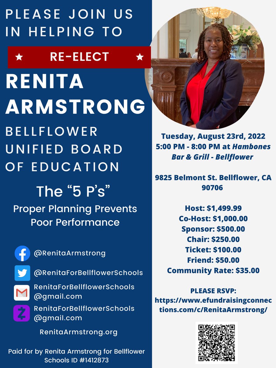 ArmstrongBUSD's tweet photo. Come join Renita Armstrong for her re-election campaign kick-off at Hambones Bar &amp; Grill - Bellflower. https://t.co/LdA1rJqBab