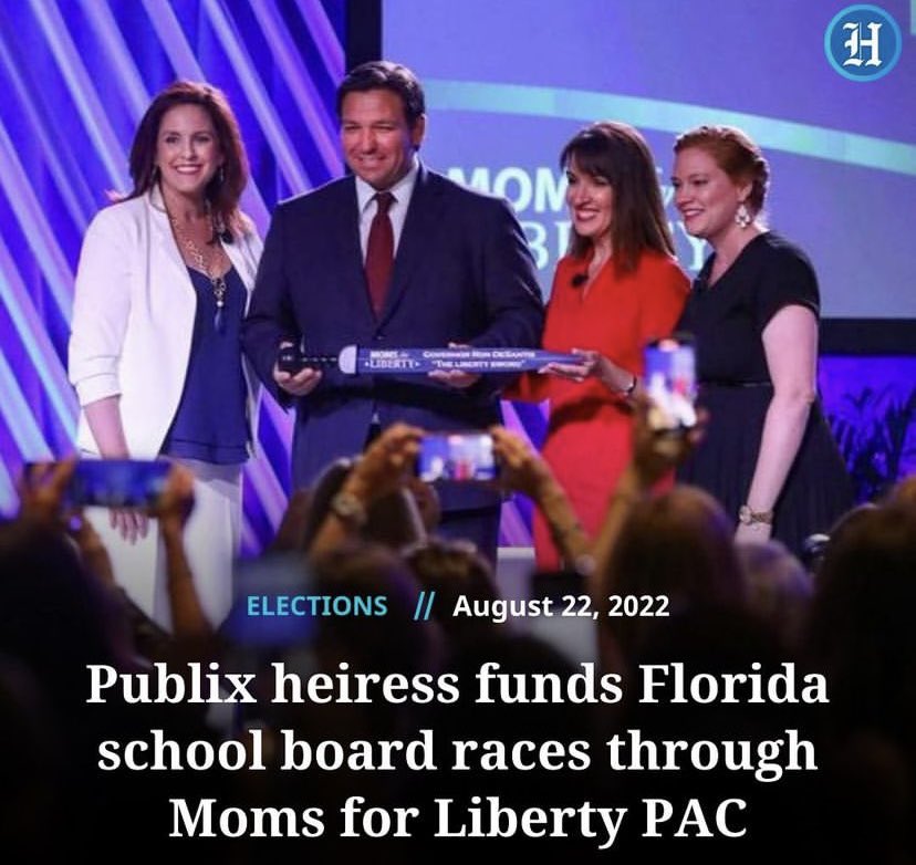 tomaskenn's tweet photo. The same Publix heiress that gave $650,000 to groups behind the January 6th riots is now funding extremist right wing candidates for Florida school-board races who are backed by Ron DeSantis and Moms for Liberty.

Publix, where shopping is seditious. https://t.co/4bCLb6A8e0