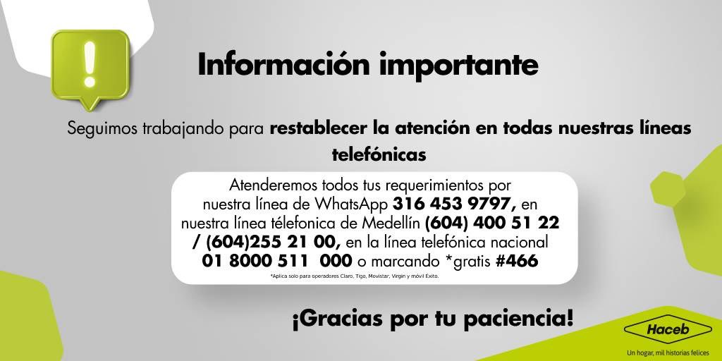 ¡Ten presente esta información! 
Nuestras lineas de atención telefónica están presentando fallas técnicas, pero puedes comunicarte con nosotros vía WhatsApp
bit.ly/3CfHUnE