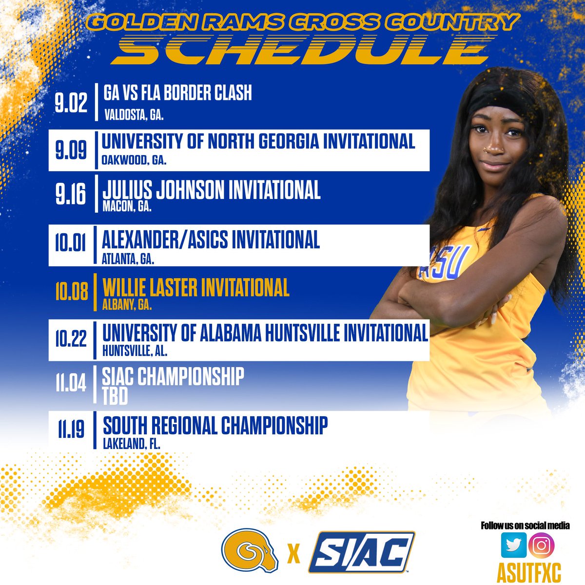 Keep up with the Golden Rams Women Cross Country team this season. #ASUTwitter <a href="/ASUGoldenRams/">Golden Ram Athletics</a> <a href="/AlbanyStateUniv/">Albany State University</a> <a href="/WALBSports/">WALB Sports</a> <a href="/CoachRSmithASU/">Robert Smith</a> 

Season Opener: 
👟VSU Border Clash 
📍 Valdosta, GA.
🗓 9/2/22
⌚️ 7:00pm