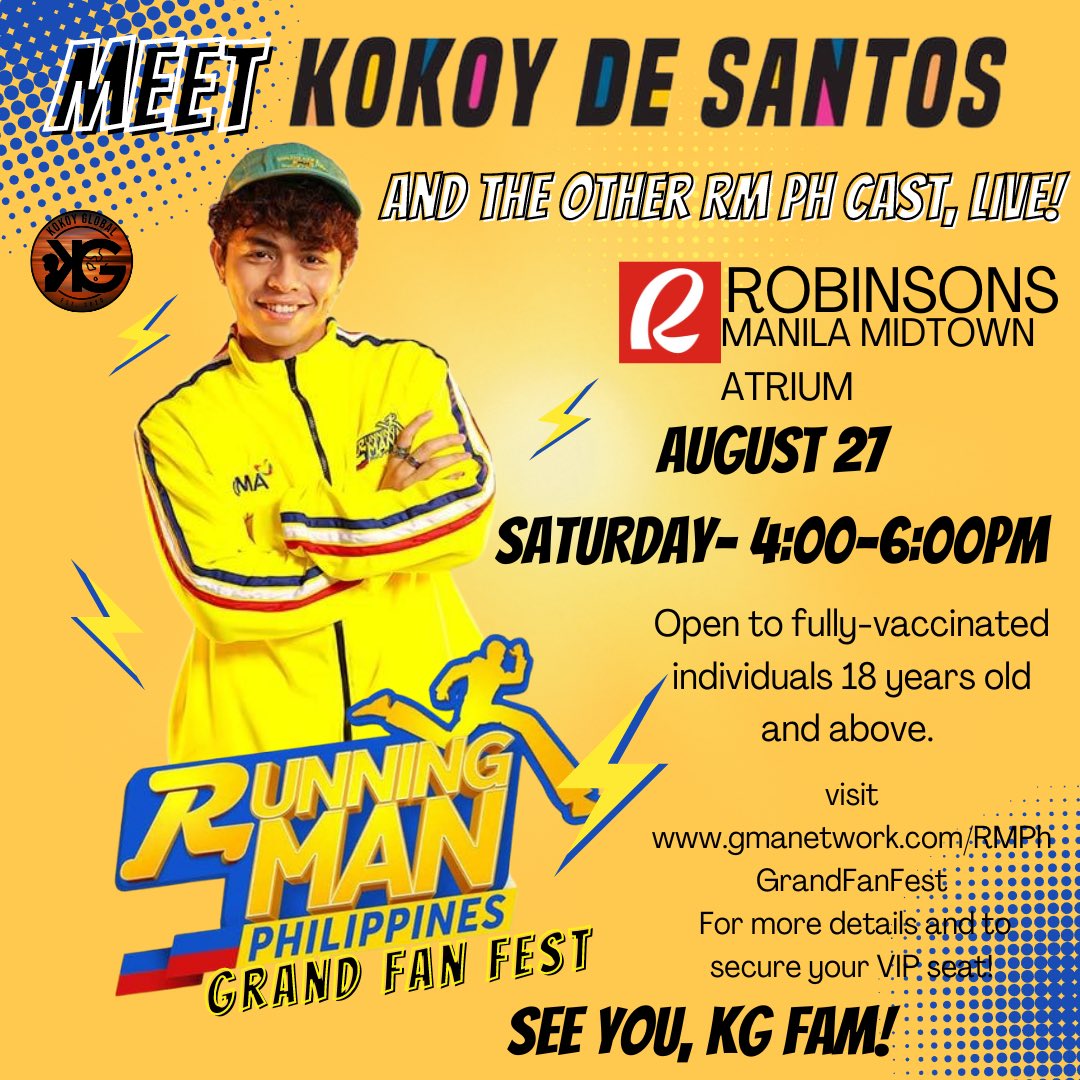 kokoy_global's tweet photo. Hi guys! Let's catch Kokoy De Santos on August 27, at Robinsons Mall Manila. See you there! Sino po ang mga pupunta? Message me para sama sama tayo to support Kokoy at ito narin po ang ang pagkakataon nyo na makita ng personal si @kkydsnts @GMARunningManPH https://t.co/FFlQHY9kTX