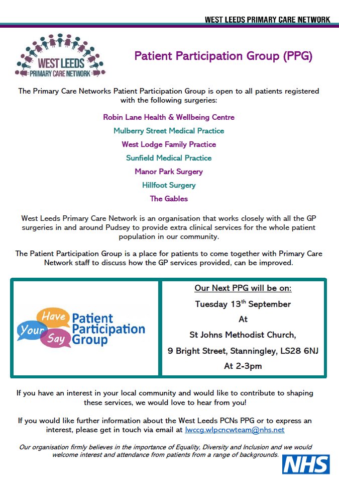 Your chance to have your say, if you are registered at any of our practices. We are holding a Patient Participation Group Tuesday 13th September 14:00 - 115:00. See attached for more details.