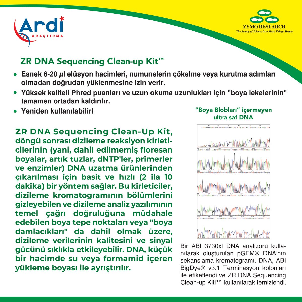 ARDiARASTIRMA's tweet photo. 🔊 ZR DNA Sequencing Clean-Up Kit, döngü sonrası dizileme reaksiyon kirleticilerinin (dahil edilmemiş floresan boyalar, dNTP'ler ve enzimler) DNA uzatma ürünlerinden çıkarılması için basit ve hızlı bir yöntem sağlar.
#ZymoResearch #Sequencing #DNAClean #Concentrator #DNA #ZRDNA https://t.co/oJrIe7l0SO