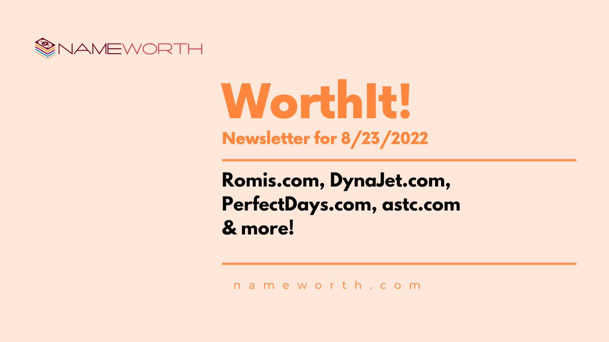 WorthIt! - 28 domains today including Romis․com, DynaJet․com, PerfectDays․com, astc․com

nameworth.com/newsletter.php…

#domains #domainsforsale