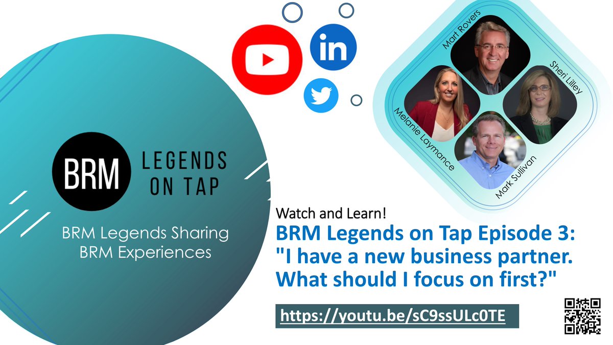 Watch the “BRM Legends on Tap” Episode 3: “I have a new business partner. What should I focus on first?”.  
Learn from the four #BRMLegends <a href="/MelanieLaymance/">Melanie Laymance</a>, @SheriLilleyBRMP, <a href="/MarkSullivanBRM/">Mark Sullivan, MBRM</a>, and Mart Rovers (<a href="/InterPromUSA/">INTERPROM</a>). Watch us on YouTube at: 
youtu.be/sC9ssULc0TE