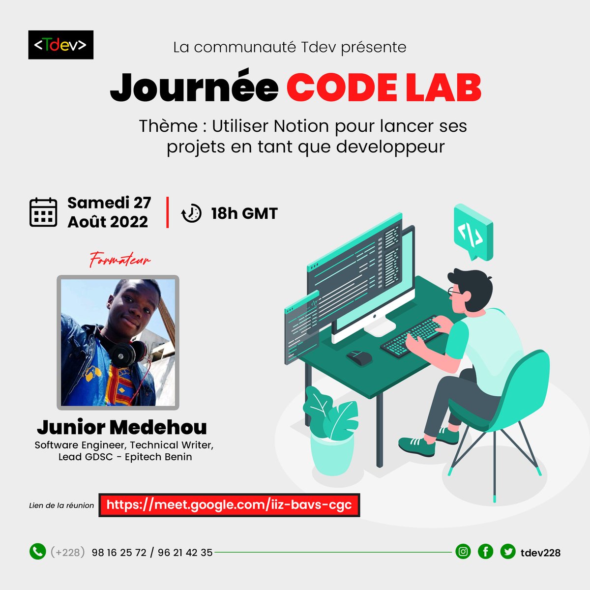 tdevorg's tweet photo. Salut la famille , on est de retour avec les Code Lab.Ce Samedi 27 Août à 18H nous allons aborder le sujet productivité d'un développeur avec @NotionHQ notre invité Mr @juniormedehou_
Lien : https://t.co/BHVDUvzIu7
#TDev228 #TgTech #Notion #Tech #productivité #TDevCodeLab https://t.co/OP3Da6kssS