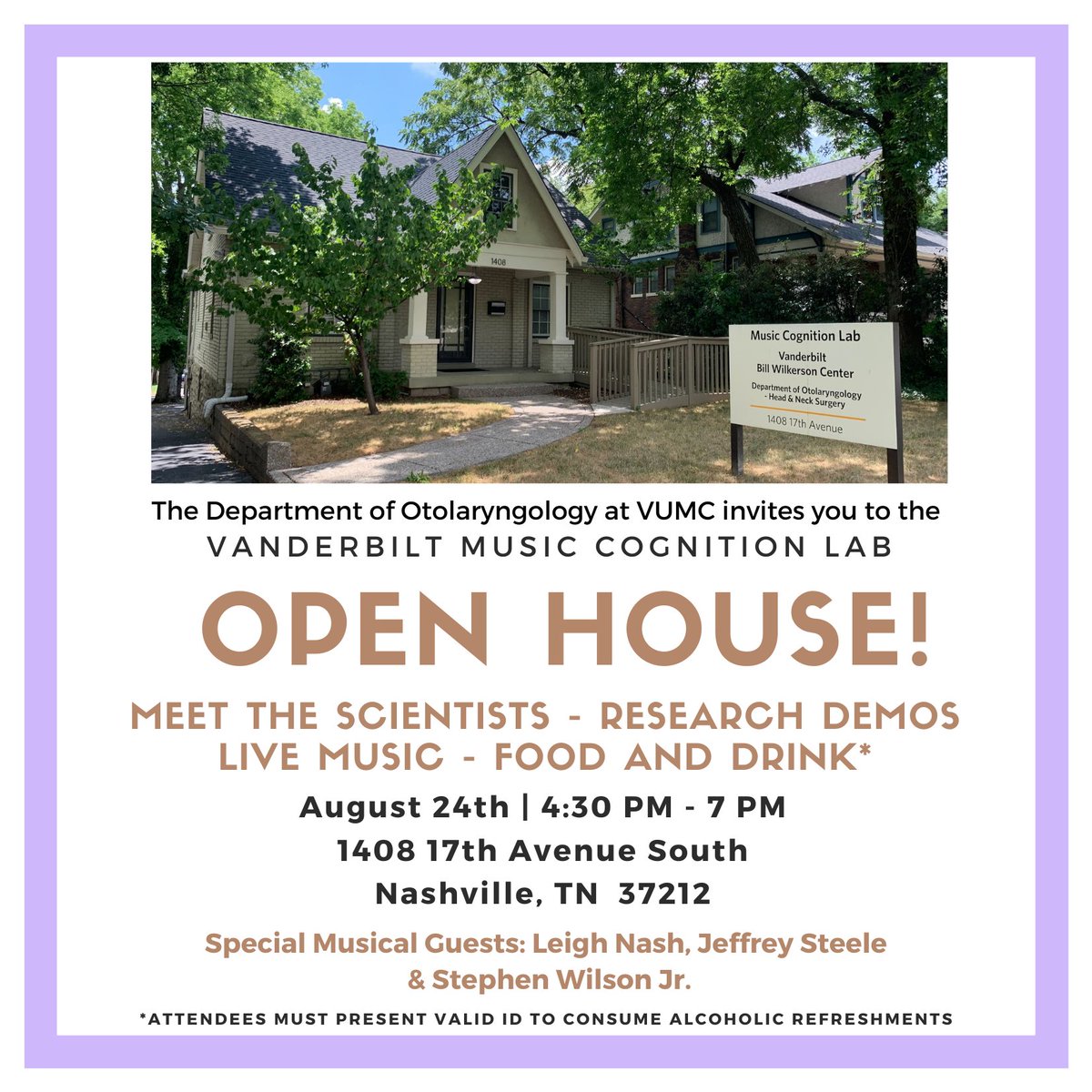 Come meet me and Co-Director <a href="/miriamlense/">Miriam Lense</a> and our team, and learn about cutting-edge #musicscience ! Plus live music + happy hour! Vanderbilt Music Cognition Lab Open House is tomorrow (Wed.) August 24, 4:30-7pm @vanderbiltent <a href="/dr_srishtin/">Dr. Srishti Nayak</a>  vumc.org/music-cognitio…