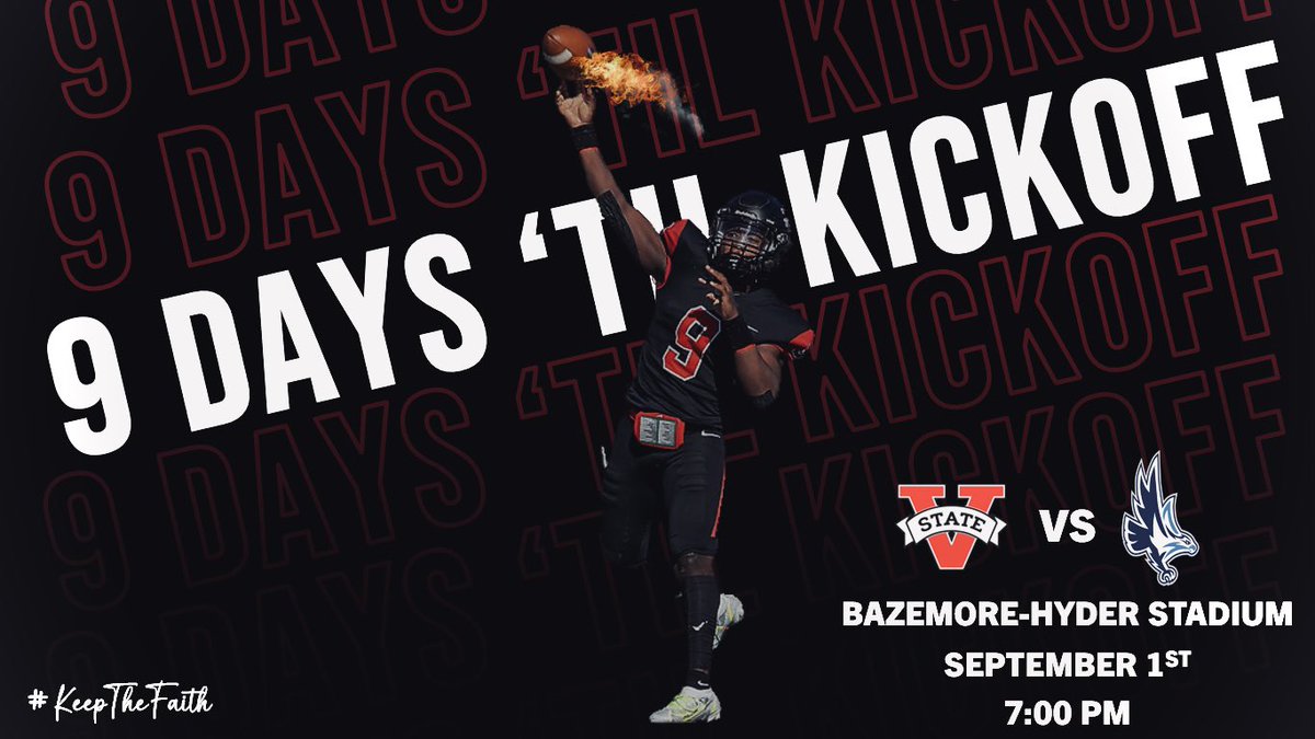VState_Football's tweet photo. 9️⃣ Days remaining until we kick off our 40th season! Blazer Nation are you ready??  #KTF 

•🗓 - Thursday, September 1st
•⌚️ - 7:00 PM
•📍- Bazemore-Hyder Stadium https://t.co/1TQd8dhbZw