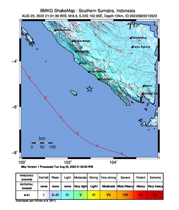 InfoHumasBMKG's tweet photo. Info Gempa Mag:6.5, 23-Agu-22 21:31:39 WIB, Lok:5.22 LS,102.95 BT (64 km BaratDaya KAUR-BENGKULU), Kedlmn:12 Km ::BMKG https://t.co/CExwvCYiMd