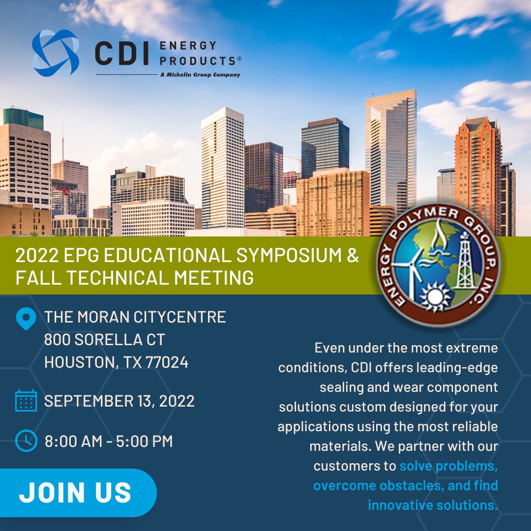 CDIProducts's tweet photo. Join CDI next month for the 2022 EPG Educational Symposium & Fall Technical Meeting. EPG is a unique blend of polymer professionals, all dedicated to the advancement of polymer technology and education. https://t.co/38WWlI3d7D
#CDIProducts
#EnergyPolymerGroup
#Houston https://t.co/tCiEqyRDC7