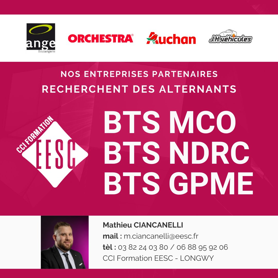 CCI FORMATION EESC (@eesc54) on Twitter photo 🤯 Nos entreprises partenaires recherchent des alternants pour la rentrée de septembre à #Longwy !
Vous n'avez toujours pas trouvé d'entreprise ?
Envoyez votre CV à Mathieu CIANCANELLI !
✉️ m.ciancanelli@eesc.fr
📱 03 82 24 03 80 / 06 88 95 92 06
#BTS #Alternance #Formation 🤯 Nos entreprises partenaires recherchent des alternants pour la rentrée de septembre à #Longwy !
Vous n'avez toujours pas trouvé d'entreprise ?
Envoyez votre CV à Mathieu CIANCANELLI !
✉️ m.ciancanelli@eesc.fr
📱 03 82 24 03 80 / 06 88 95 92 06
#BTS #Alternance #Formation