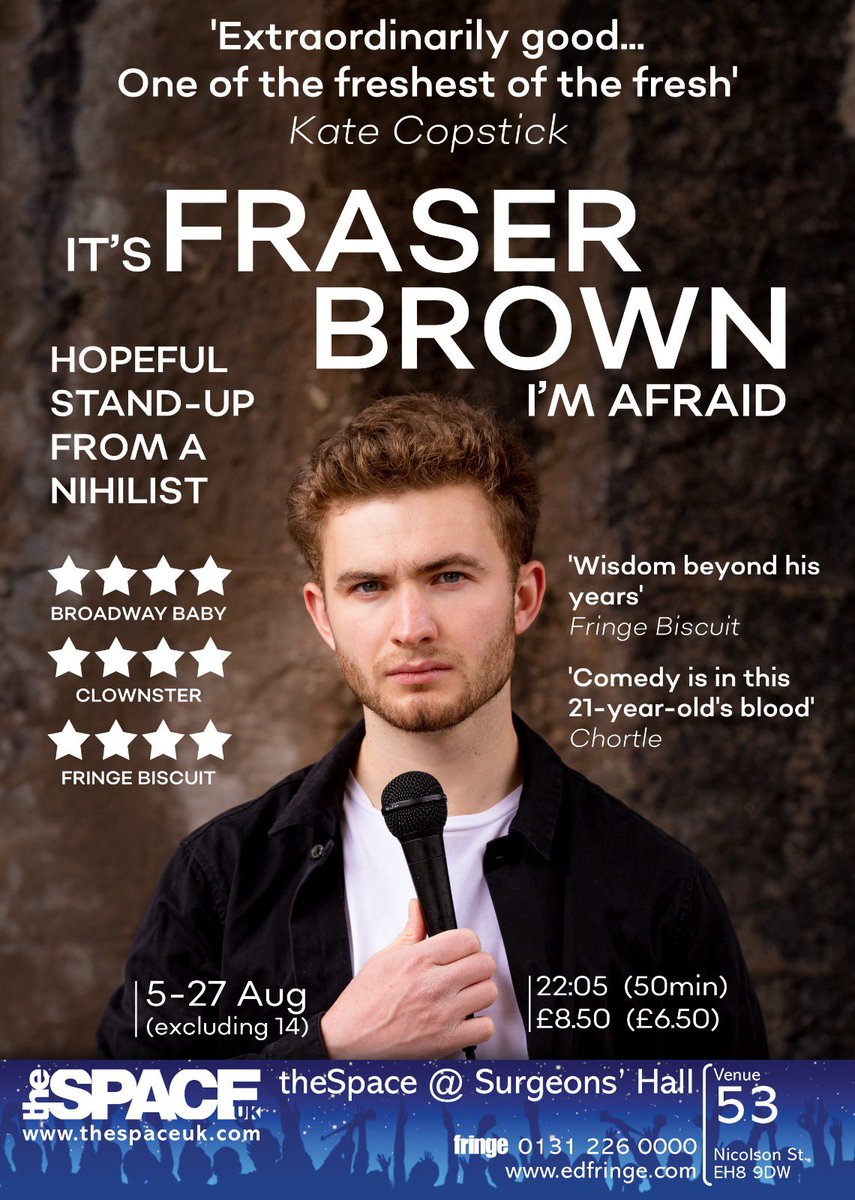 fraserbcomedy's tweet photo. Only 5 shows left this Fringe! So strange to think that this time last year I was only just about to start my run https://t.co/bErNdby6JA