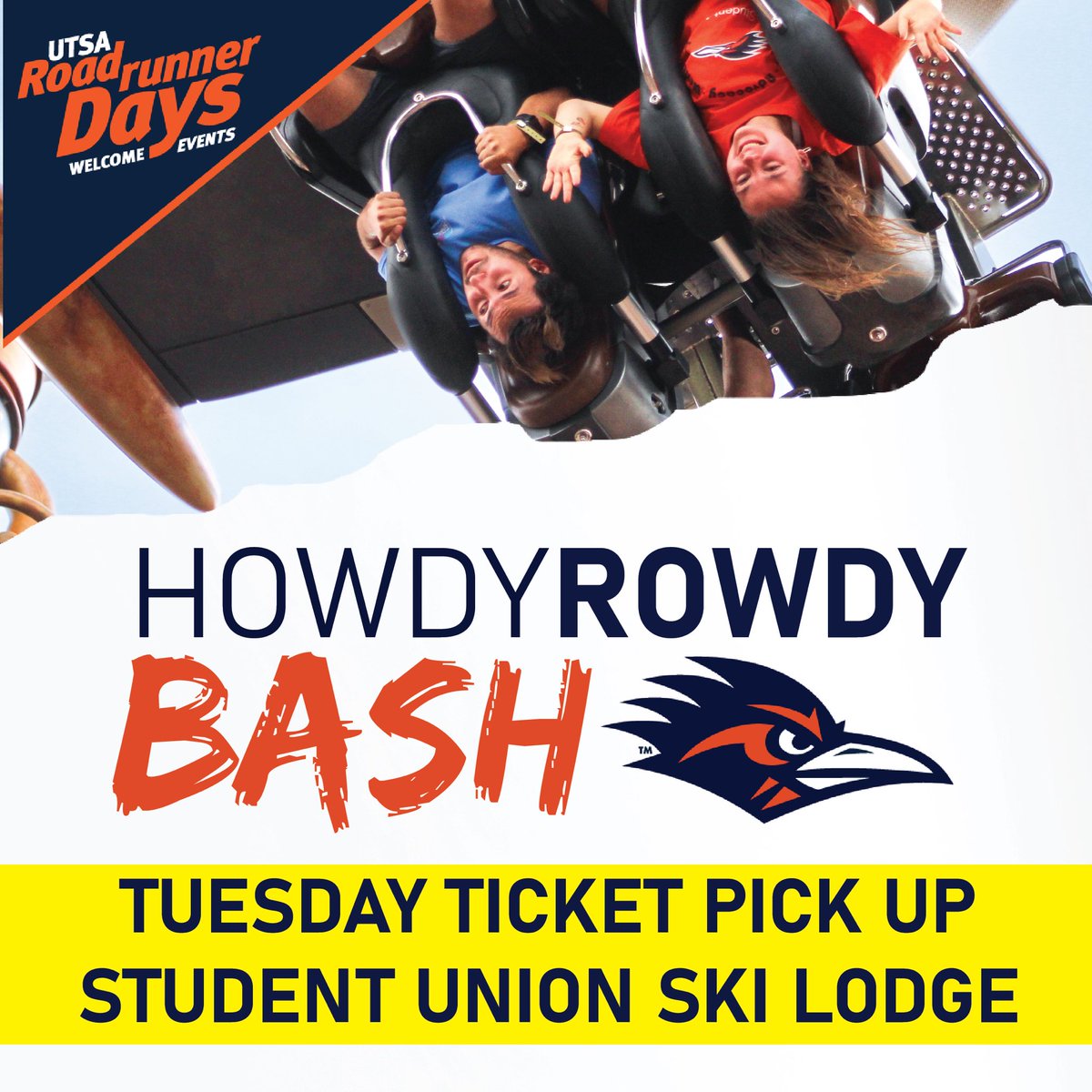 #UTSA the Howdy Rowdy Bash Ticket Pick Up with <a href="/UTSA_RP/">Roadrunner Productions</a> has moved to the Student Union Ski Lounge (Beside Freebirds) for today, August 23rd !