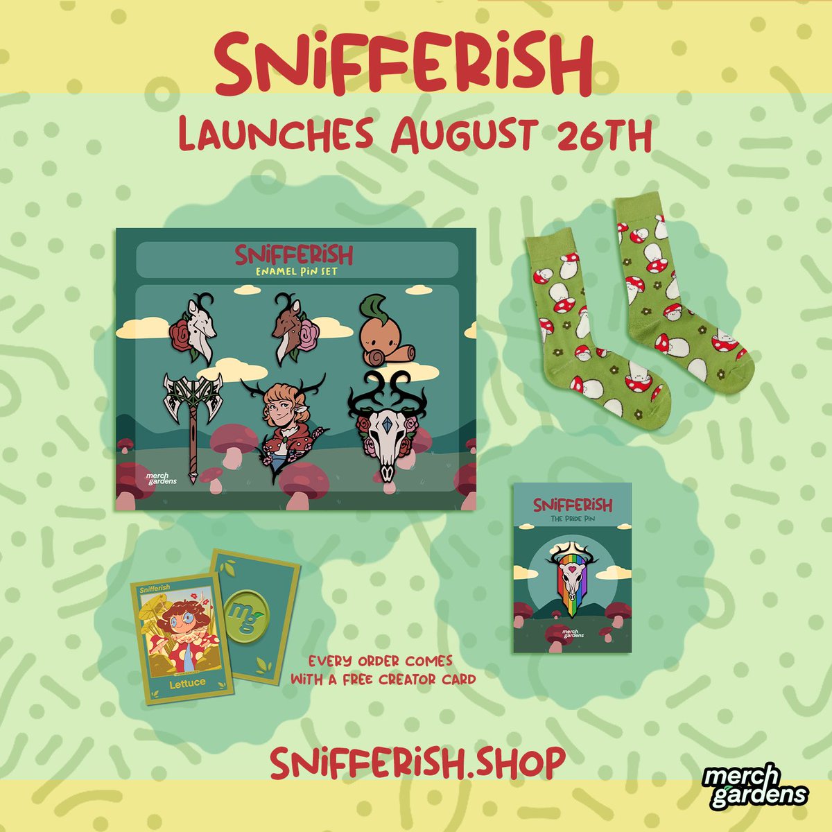 Hey guys! It’s official! My merch launches August 26th, this FRIDAY! Sweaters, T shirts, and enamel pins :) w/ <a href="/MerchGardens/">Merch Gardens</a> 

Will be available on snifferish.shop
