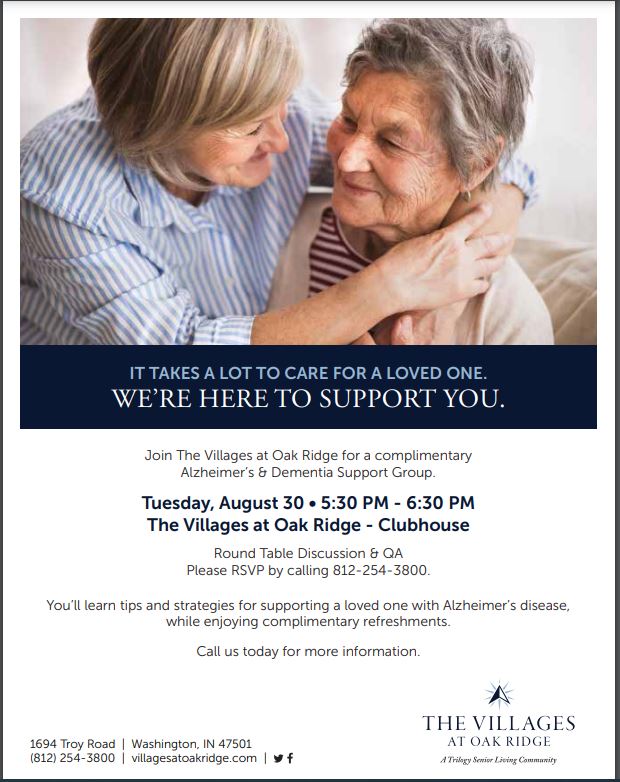 V_OakRidge's tweet photo. Do you know someone, or are you a caregiver for a loved one living with dementia? If so, come join our Dementia Support Group on August 30th at 5:30p in the Clubhouse. 
Please RSVP by calling 812-254-3800. #TeamTrilogy #DementiaSupportGroup https://t.co/Kl8kYlTHHM