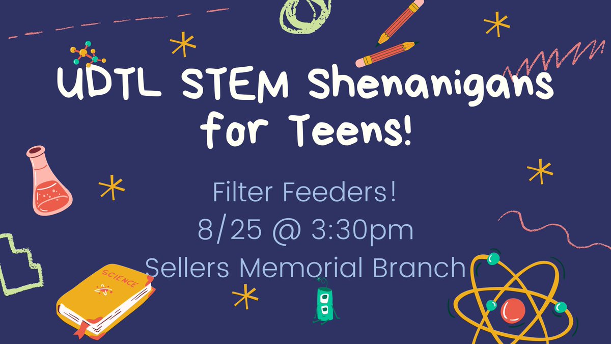 UDLibs's tweet photo. There's still room in this month's STEM Shenanigans program, this Thursday, 8/25, at 3:30pm! We'll be creating and testing our own filter feeders!
Register here: https://t.co/WCzPGeUHwi
#udlibs #udtl #STEM #teens https://t.co/fsUZt5arbB