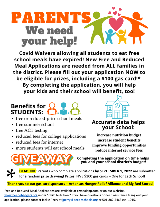 Beebe_Schools's tweet photo. ENTER TO WIN A $100 GAS CARD! To enter, submit your free &amp; reduced lunch application by SEPTEMBER 9, 2022. Applications may be accessed at https://t.co/2VNa4XVXNV or on our website. Special thanks to our gas card sponsors - Arkansas Hunger Relief Alliance &amp; @BigRedStores ! #BPRD https://t.co/2XUVYNIr72