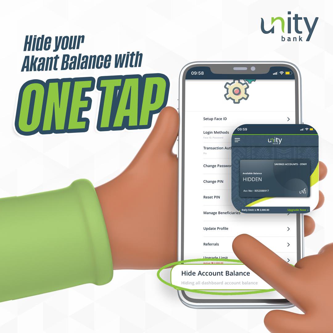 UnityBankPlc's tweet photo. Hide your balance on UniFi following these easy steps.

- Log into your UniFi
- Go to settings, Tap "Hide my account balance"

#unifi #succeedingtogether https://t.co/RfQXqsSNAG