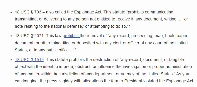 kylenabecker's tweet photo. Here is a brief explainer of the Espionage Act crimes that were cited by the search warrant, as summarized by @Technofog. 

See anything related to classification here? There's a reason the Espionage Act is rarely successfully prosecuted, particularly against a former president. https://t.co/90AfPNG6t3