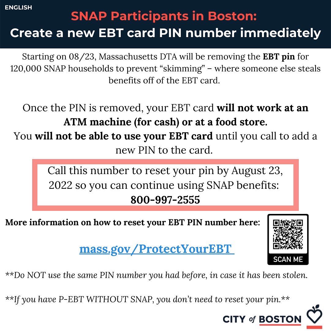 FreshTruck's tweet image. 🚨 SNAP PARTICIPANTS IN BOSTON🚨 Create a new PIN #TODAY + #ProtectYourEBT 

⬇️⬇️⬇️
📲 800.997.2555
🌎 mass.gov/ProtectYourEBT