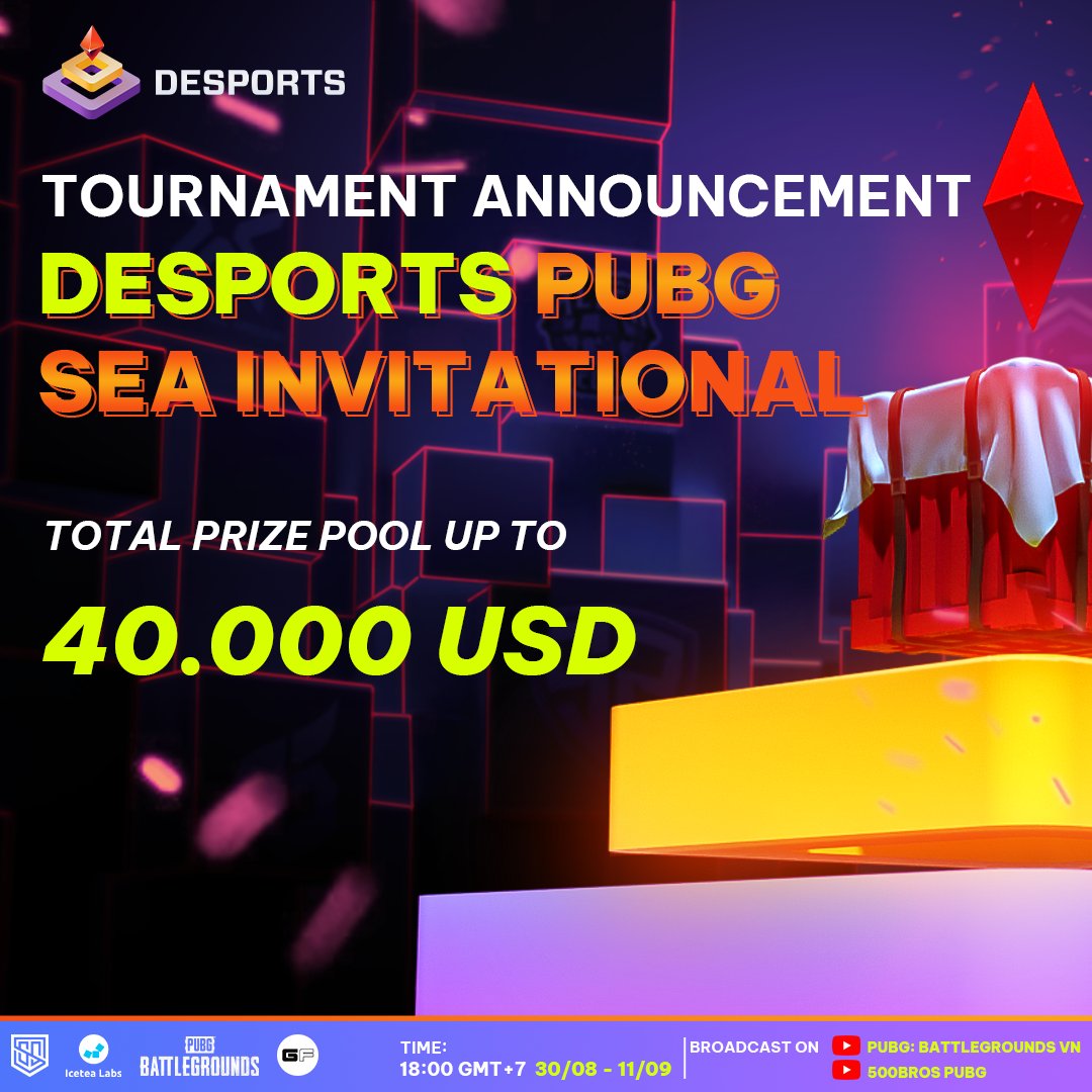 Desports_gg's tweet photo. 🏆 PUBG SEA INVITATIONAL DESPORTS ANNOUNCEMENT - TOTAL PRIZE POOL UP TO 40.000 USD
 In the wake of PUBG Vietnam's thrilling 2022 season, DESports will open up the unprecedented tournament 
More information: https://t.co/IwO11LIOcd
#PUBG #DESports #500Bros #Icetealabs #Gamefi https://t.co/ucBG7rpDvd